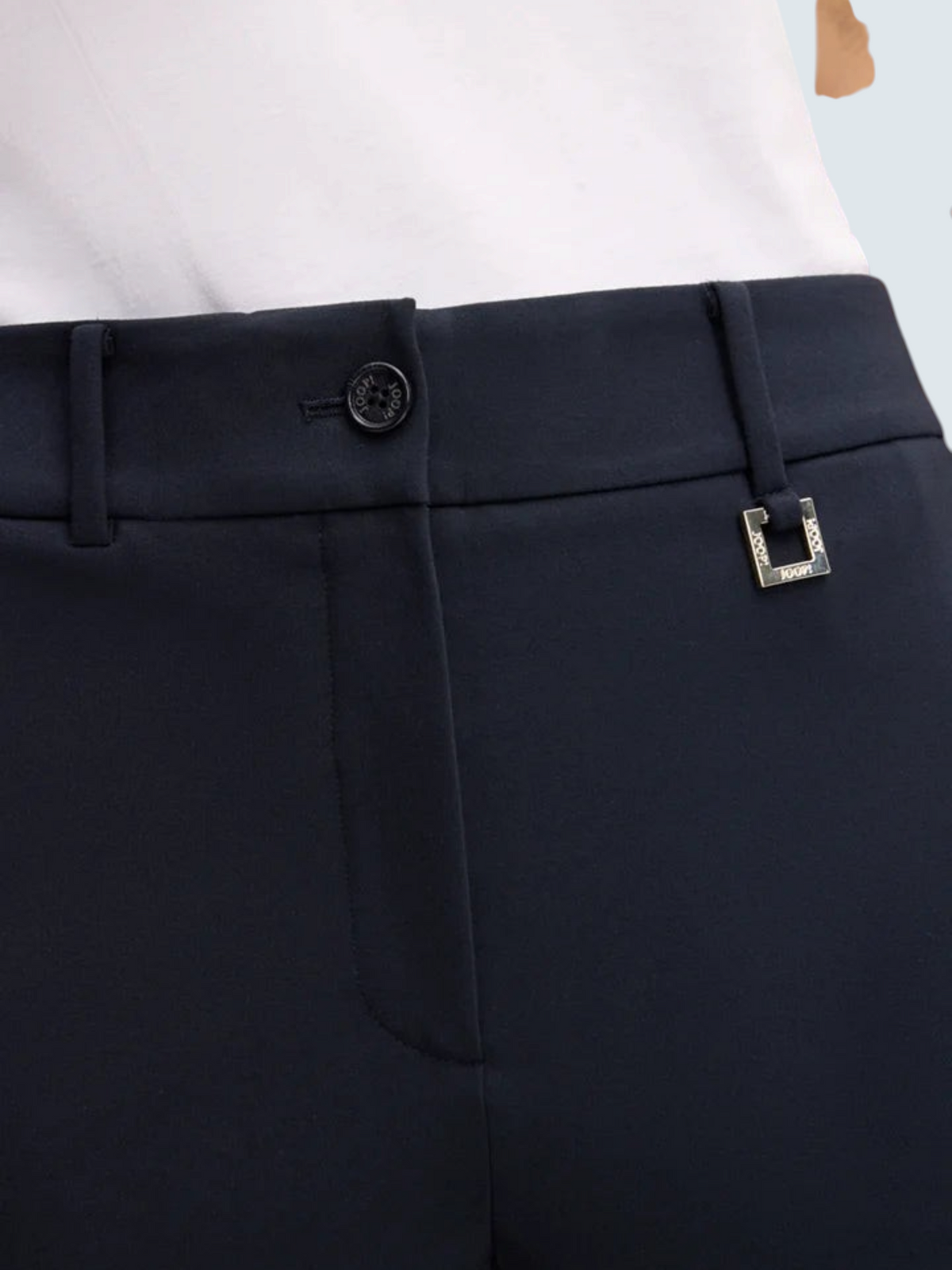 Темно-сині елегантні штани slim-fit від oui-ua.store з металевою фурнітурою на поясі та шлейками для ременя