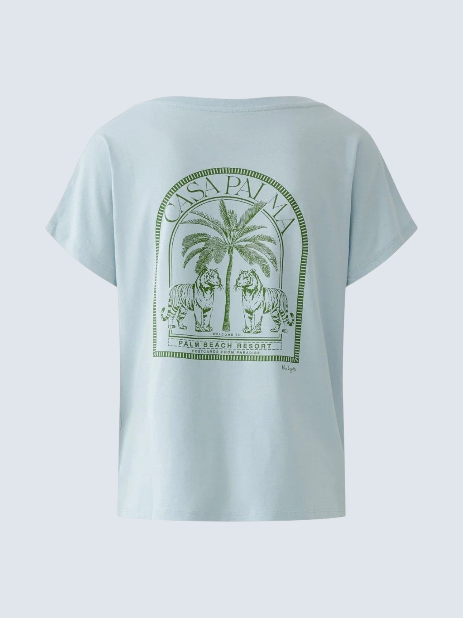 Жіноча ніжно-блакитна футболка oui-ua.store з трикотажу з зеленим принтом Palm Beach на спині та вільним кроєм