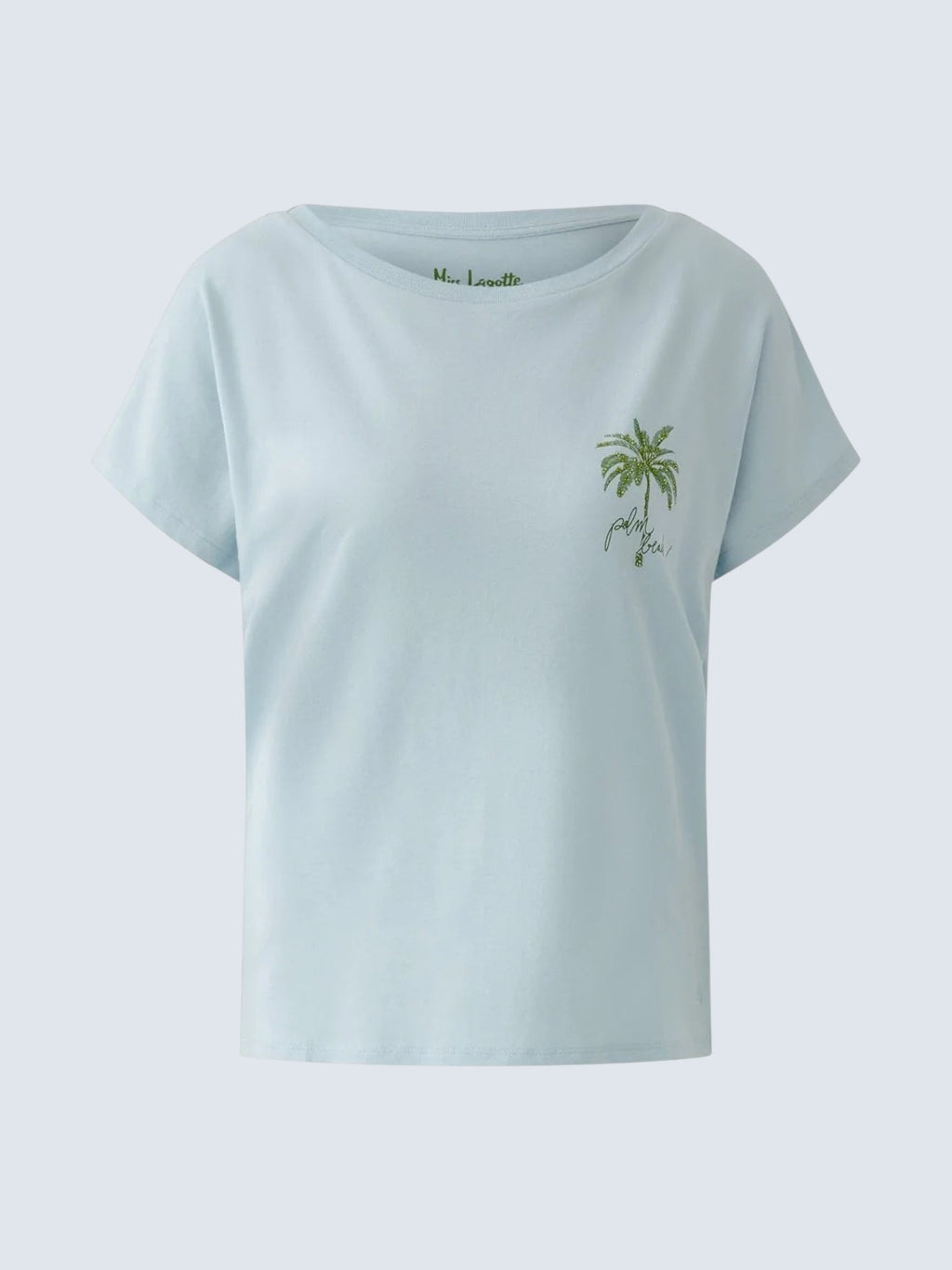 Ніжно-блакитна трикотажна футболка oui-ua.store з мерехтливим принтом пальми Palm Beach на грудях