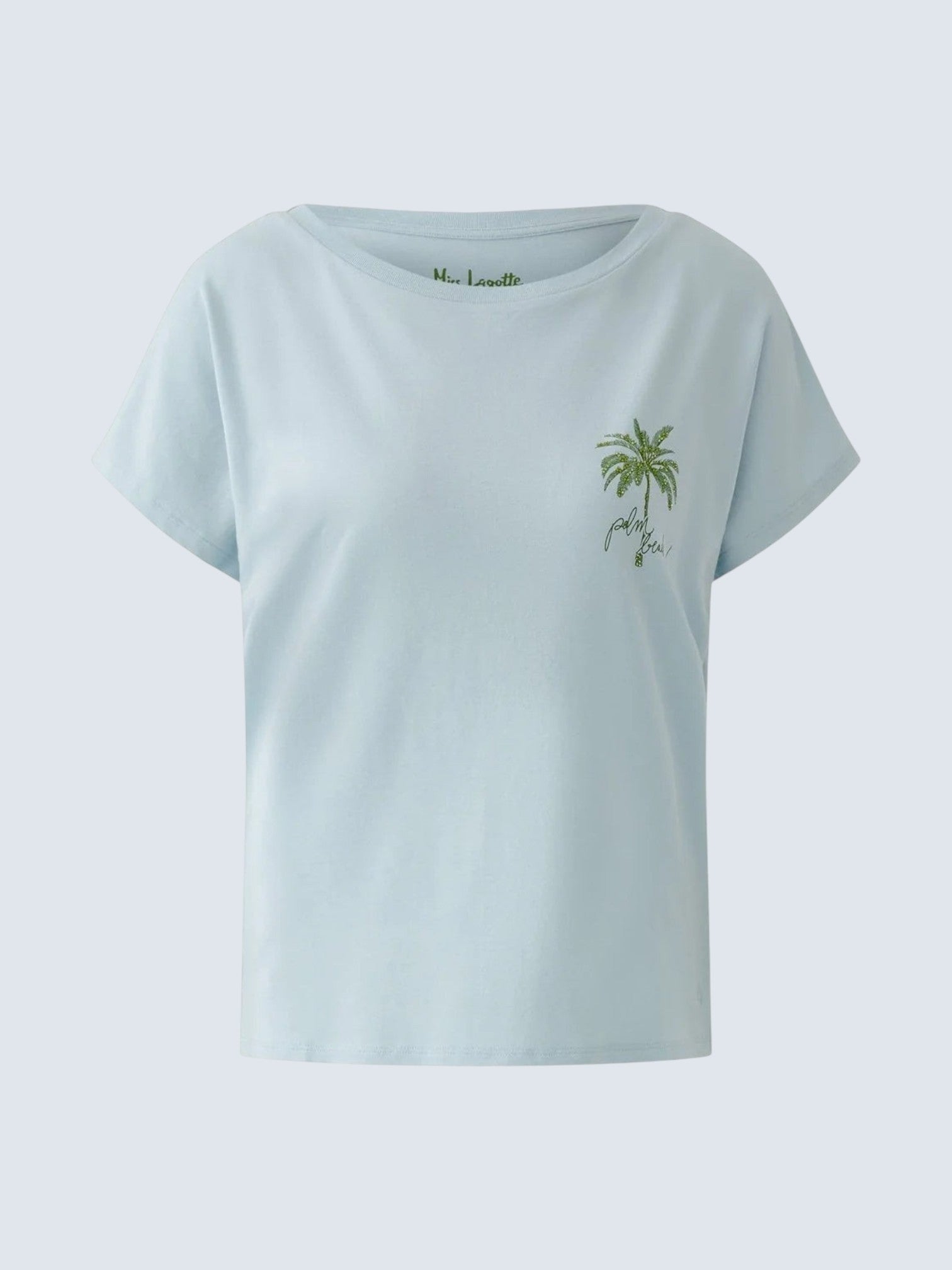 Ніжно-блакитна трикотажна футболка oui-ua.store з мерехтливим принтом пальми Palm Beach на грудях