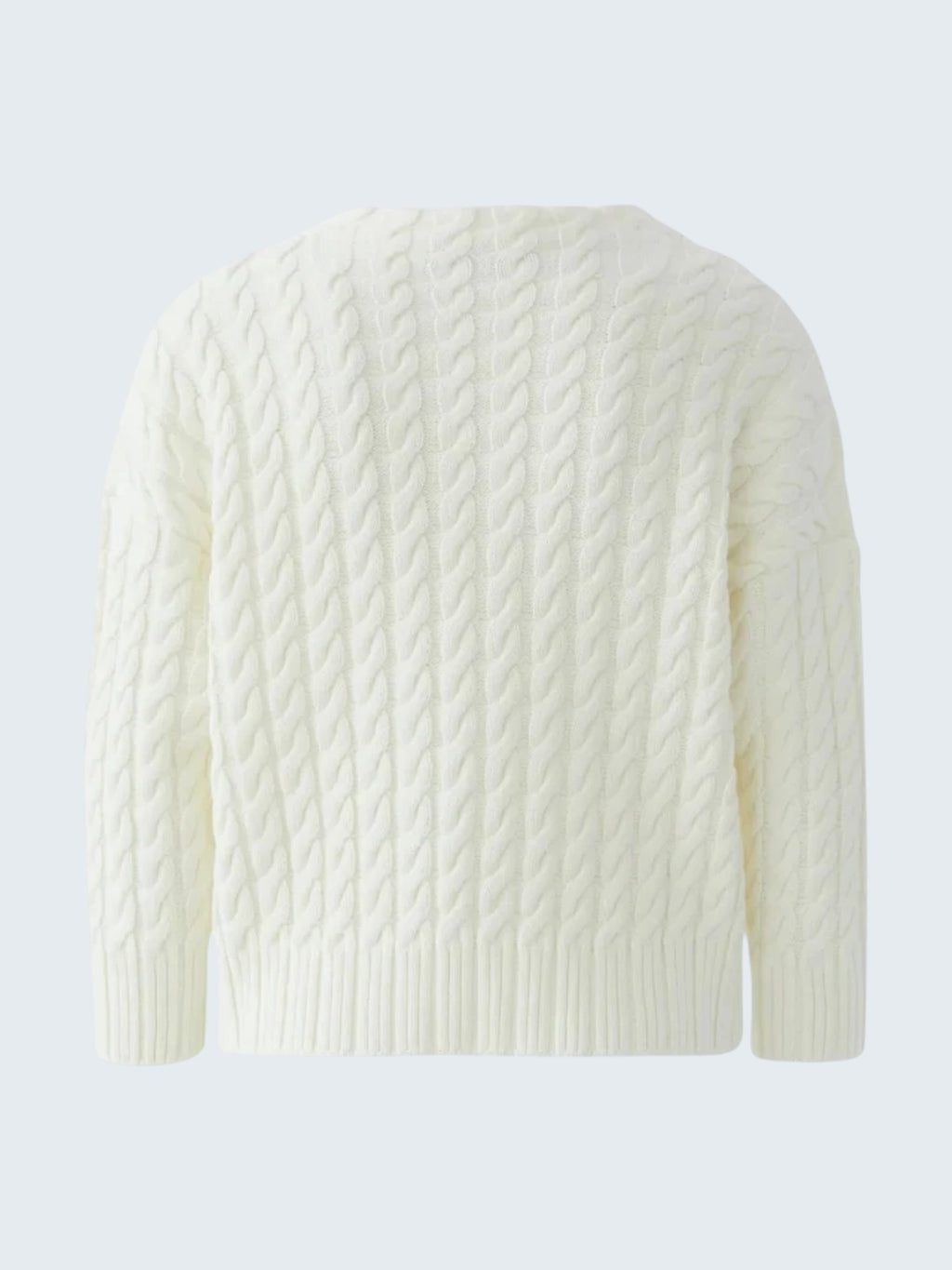 Oui-ua.store cream cable knit cotton blend sweater with floral embroidery and bead details.