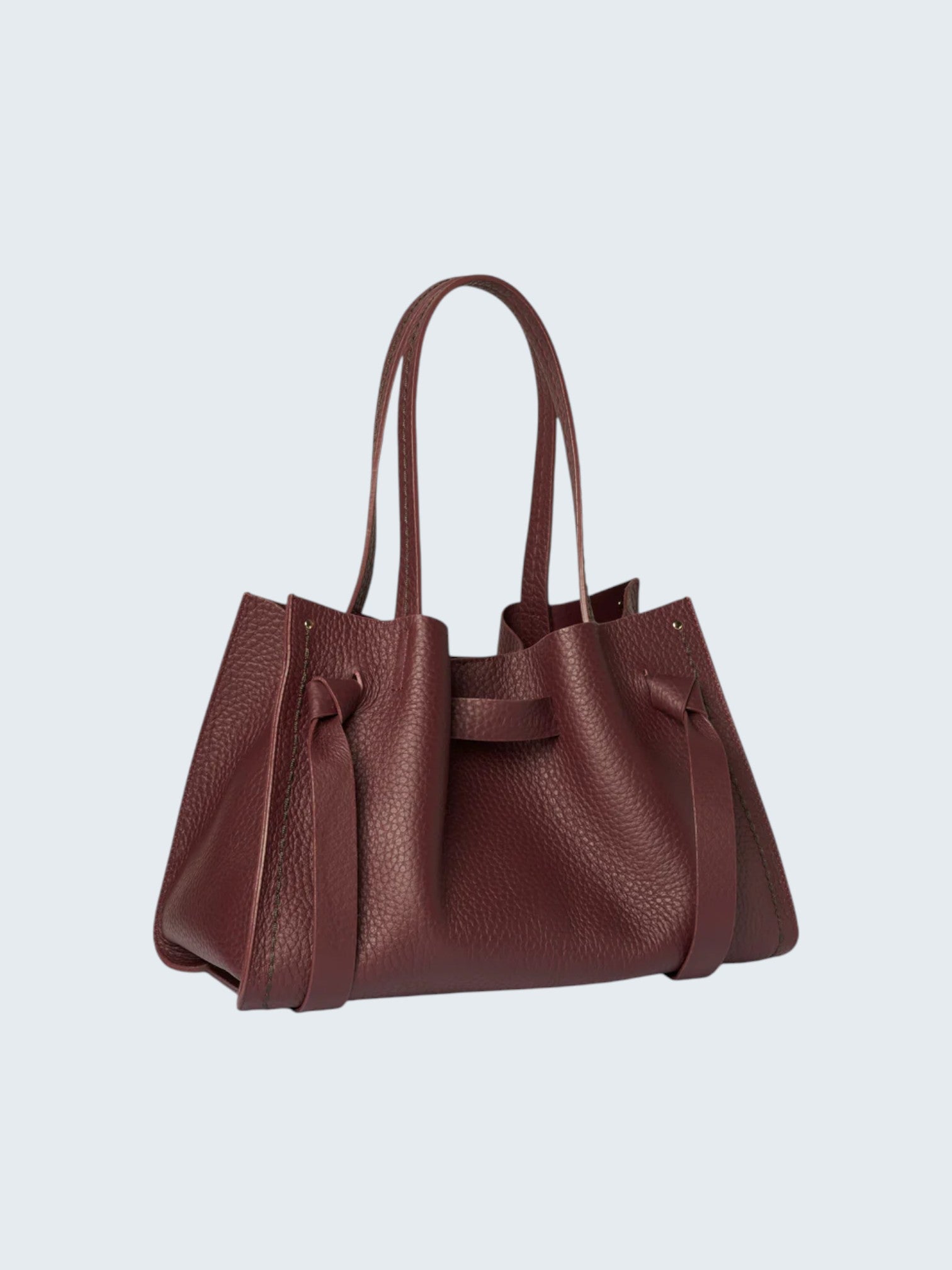 oui-ua.store Bordeaux medium pebbled leather tote bag with top handles and detachable strap. Interior zip pocket.
