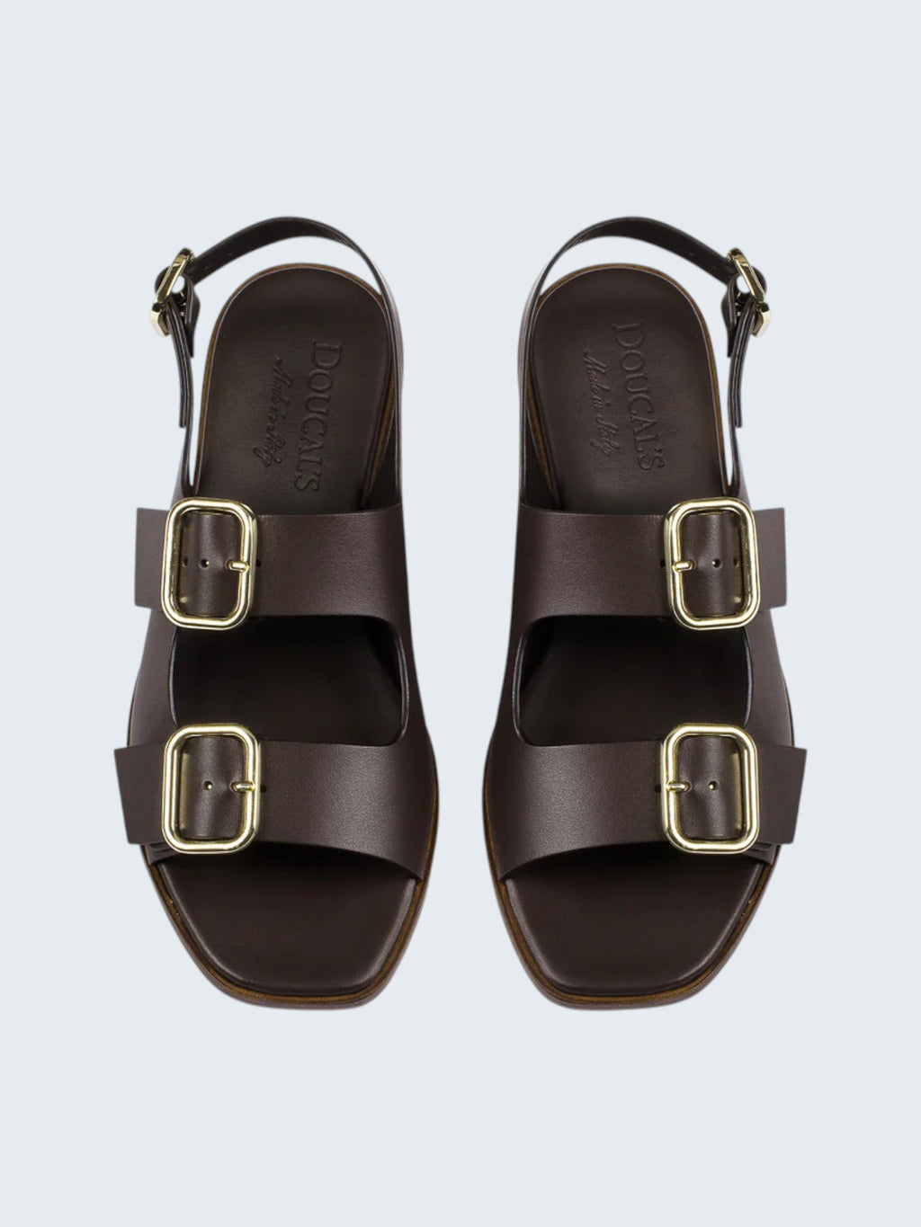 Oui-ua.store dark brown leather sandals with double gold buckles and adjustable ankle strap.