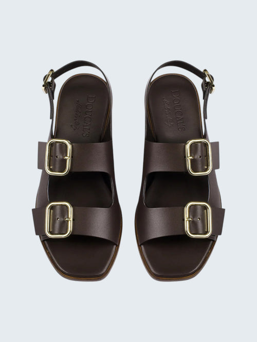 Oui-ua.store dark brown leather sandals with double gold buckles and adjustable ankle strap.