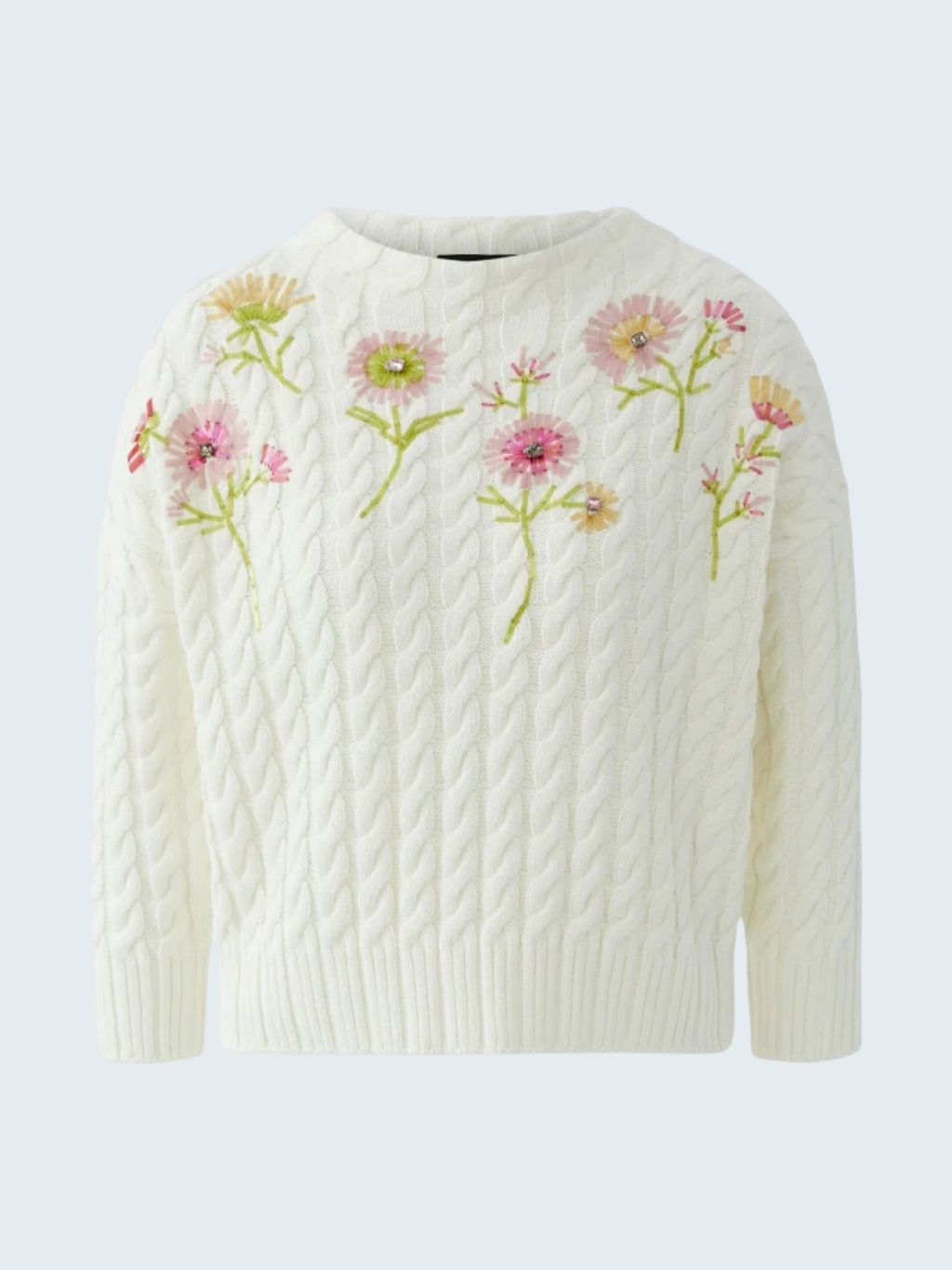 Oui-ua.store white cable knit sweater with floral embroidery and bead details. Crew neck, long sleeves.