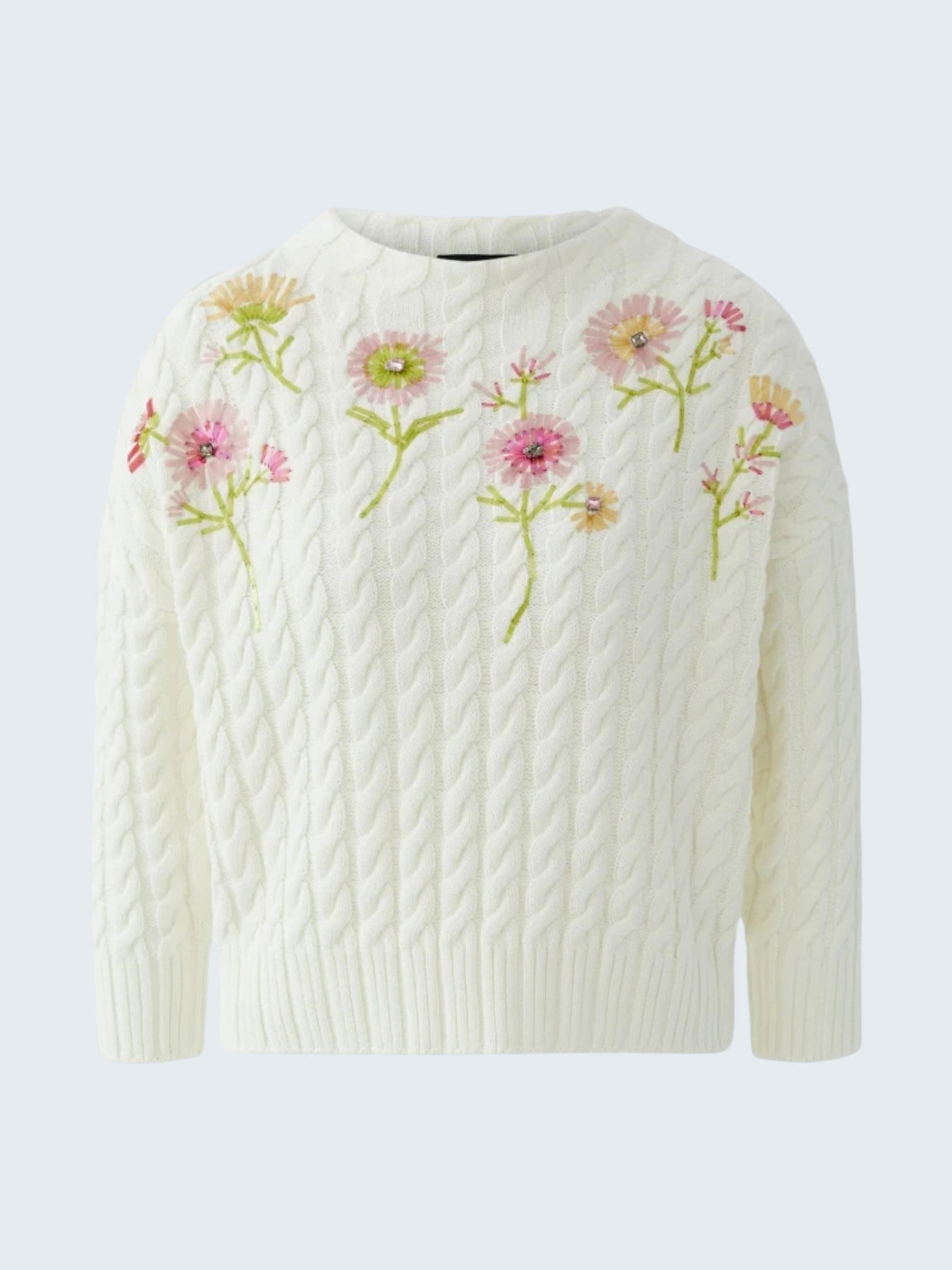 Oui-ua.store white cable knit sweater with floral embroidery and bead details. Crew neck, long sleeves.