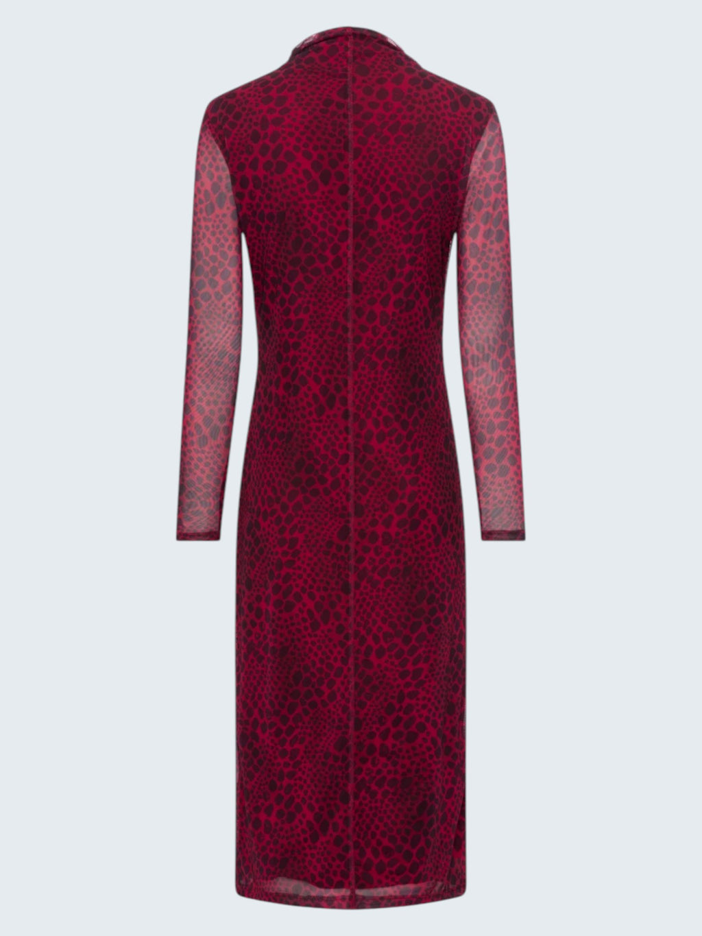 oui-ua.store red midi dress with reptile print, stand-up collar, and sheer long sleeves.