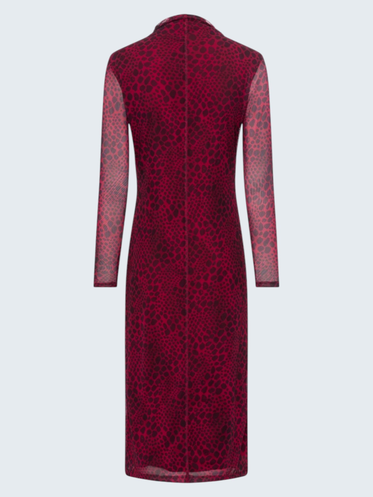 oui-ua.store red midi dress with reptile print, stand-up collar, and sheer long sleeves.