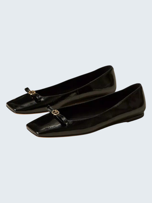 oui-ua.store black patent eco-leather ballet flats with decorative bow and gold Oval T emblem.