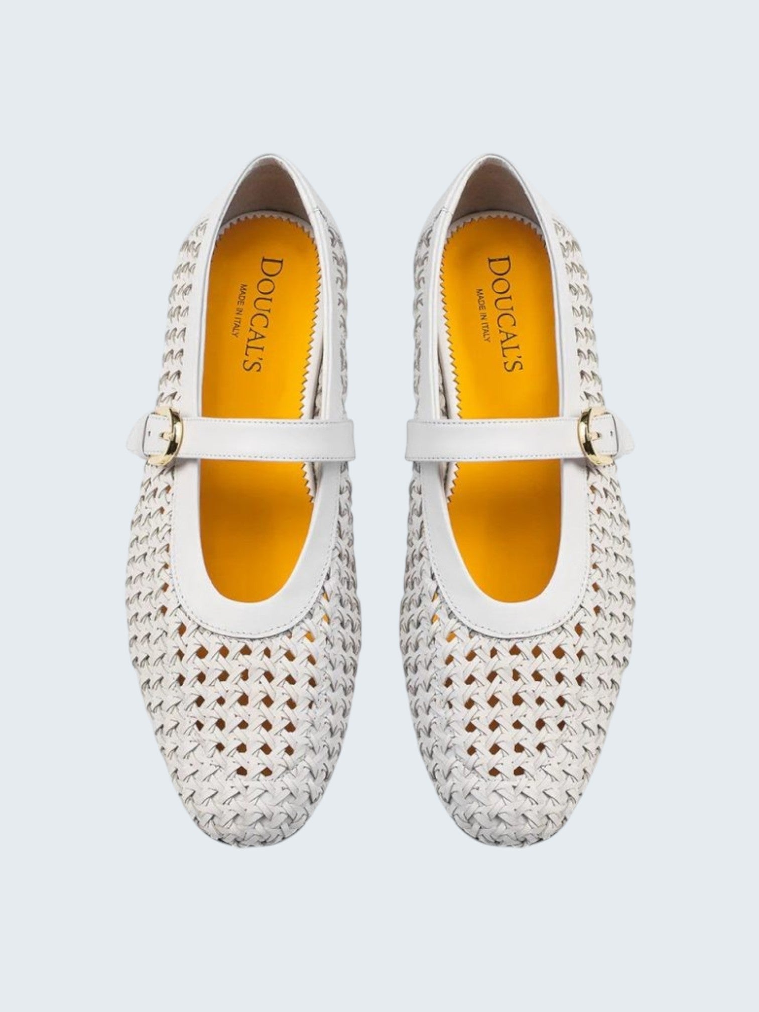 oui-ua.store white leather woven ballet flats with adjustable strap and gold buckle. Made in Italy.