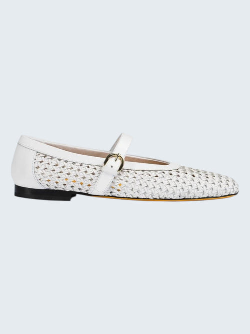 oui-ua.store white leather ballet flats with woven detail and adjustable strap