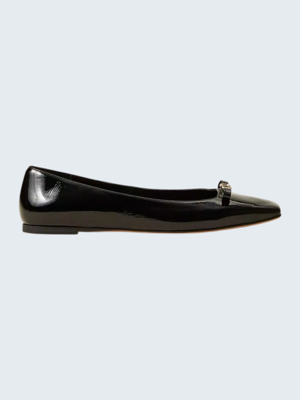 oui-ua.store black patent eco-leather ballet flats with decorative bow and square heel.