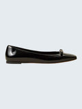 oui-ua.store black patent eco-leather ballet flats with decorative bow and square heel.