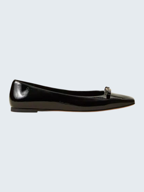 oui-ua.store black patent eco-leather ballet flats with decorative bow and square heel.