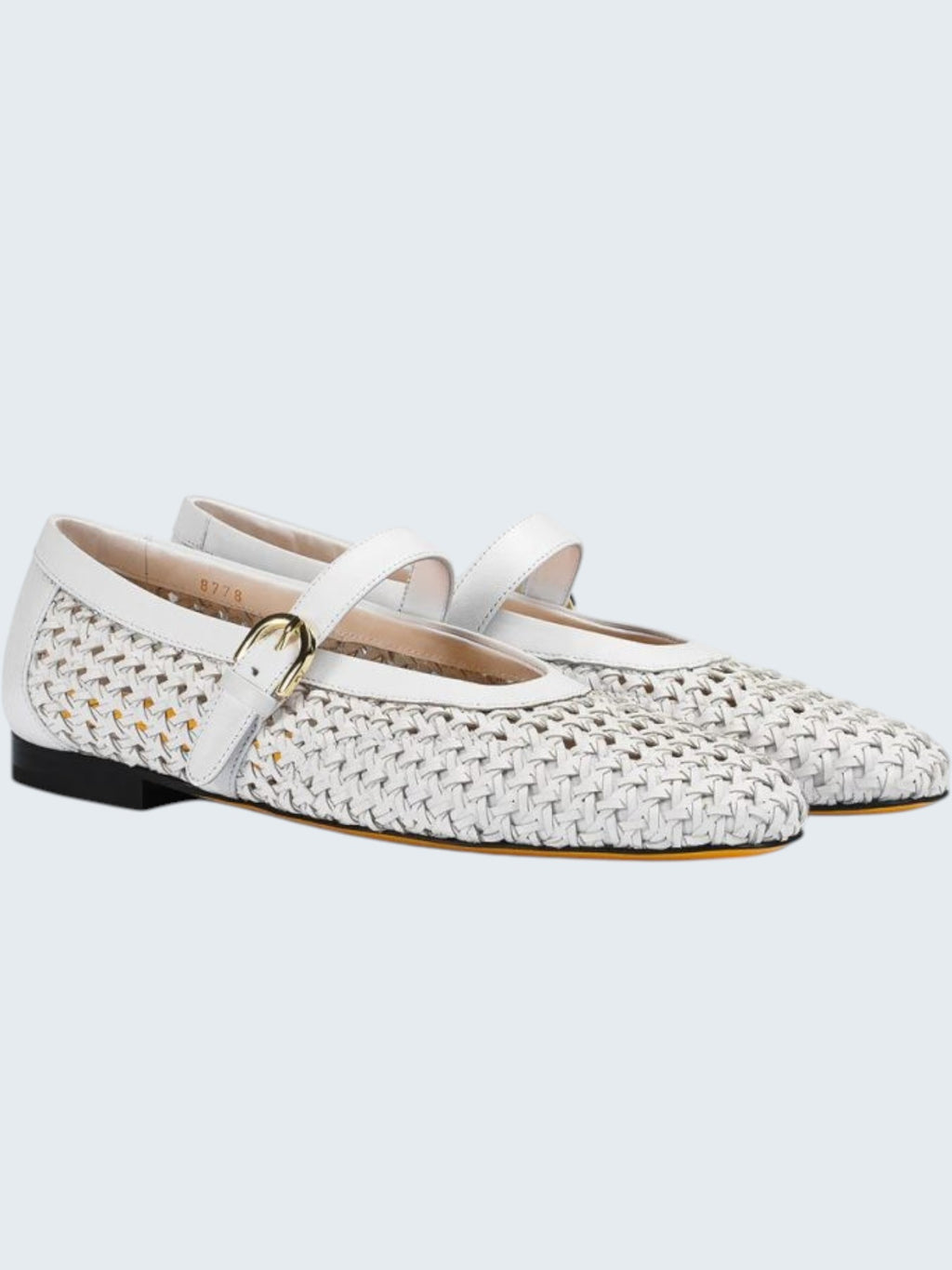 oui-ua.store white leather woven ballet flats with adjustable strap and buckle detail.