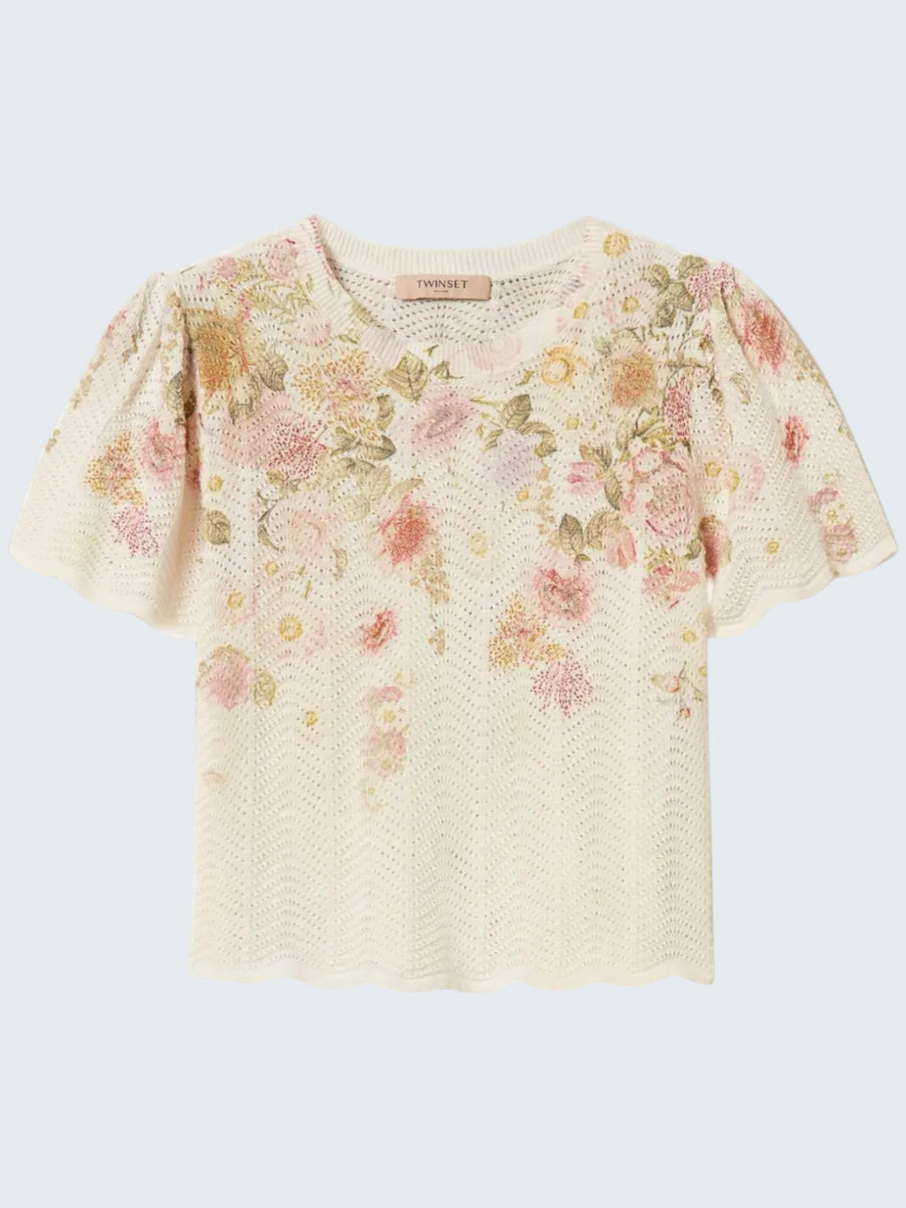oui-ua.store cream knit jumper with short sleeves and a floral print. Features a scalloped hem and open knit pattern.