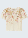 oui-ua.store cream knit jumper with short sleeves and a floral print. Features a scalloped hem and open knit pattern.