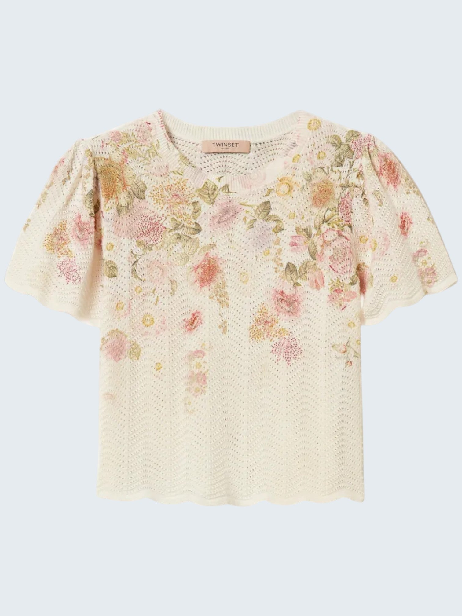 oui-ua.store cream knit jumper with short sleeves and a floral print. Features a scalloped hem and open knit pattern.