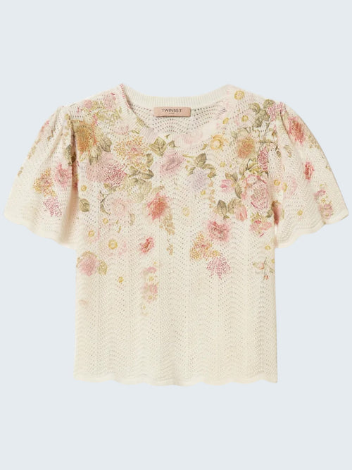 oui-ua.store cream knit jumper with short sleeves and a floral print. Features a scalloped hem and open knit pattern.