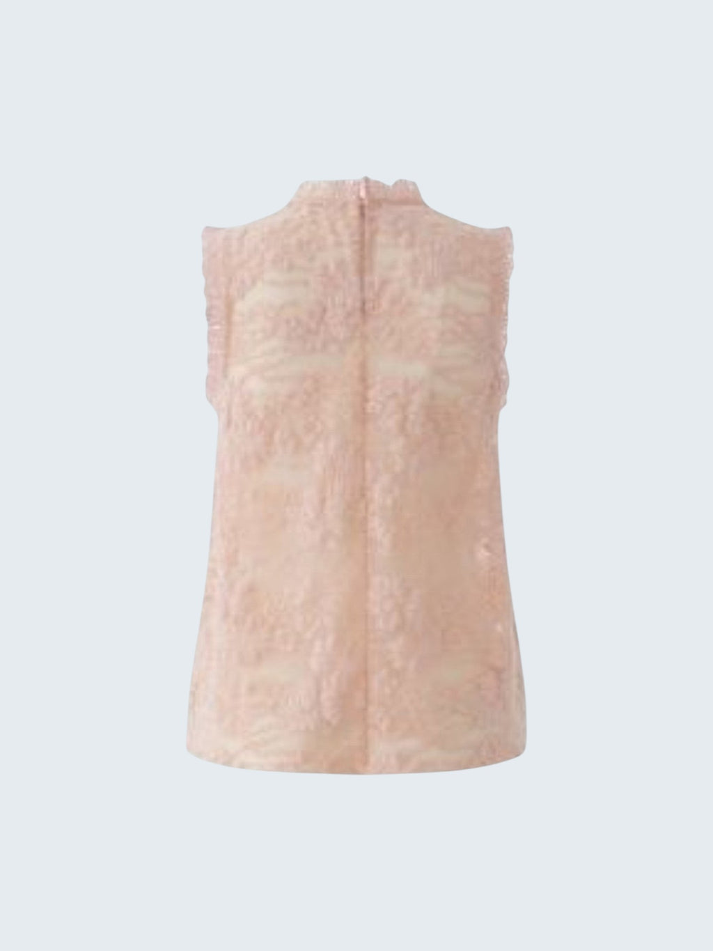oui-ua.store pale pink lace sleeveless top with high neck and ruffled trim. Lined for comfort.