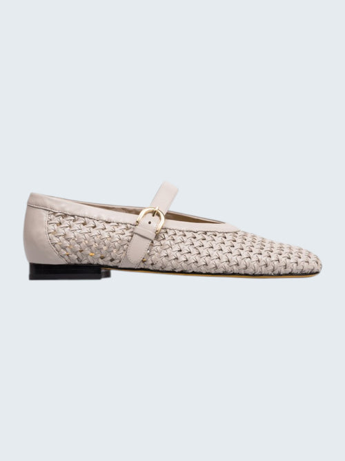 oui-ua.store light taupe woven leather ballet flats with adjustable strap and buckle, 1.5cm heel.